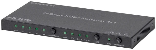 Main image of Monoprice 4K HDMI Switch, 4x1, HDR, 18G, 4K@60Hz, 1080p@60Hz, YCbCr 4:4:4, HDCP 2.2, Dual ARC, Toslink and Analog Audio Extractor, Bidirectional IR Pass-Through - Blackbird Series