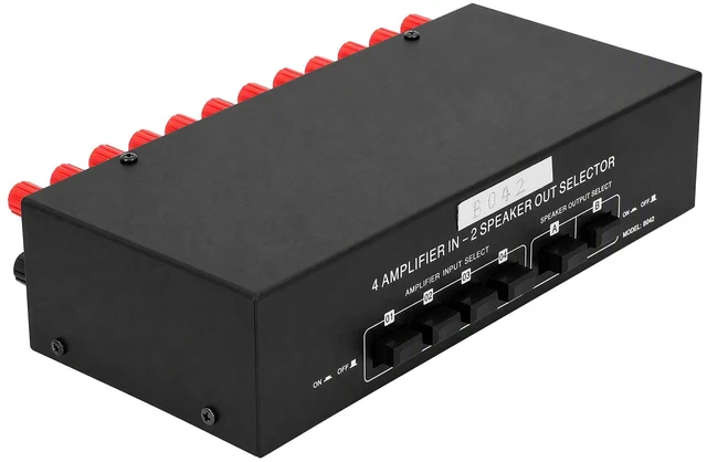 Main image of Speaker Selector Switch 4 Amp 2 Speaker, 300W Passive Box | Aluminum alloy housing, plug and play stereo audio switcher, banana plug terminals, 4-16 ohm compatible