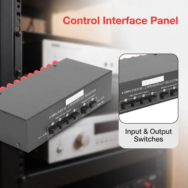Alt view image 3 of 7 - Speaker Selector Switch 4 Amp 2 Speaker, 300W Passive Box | Aluminum alloy housing, plug and play stereo audio switcher, banana plug terminals, 4-16 ohm compatible