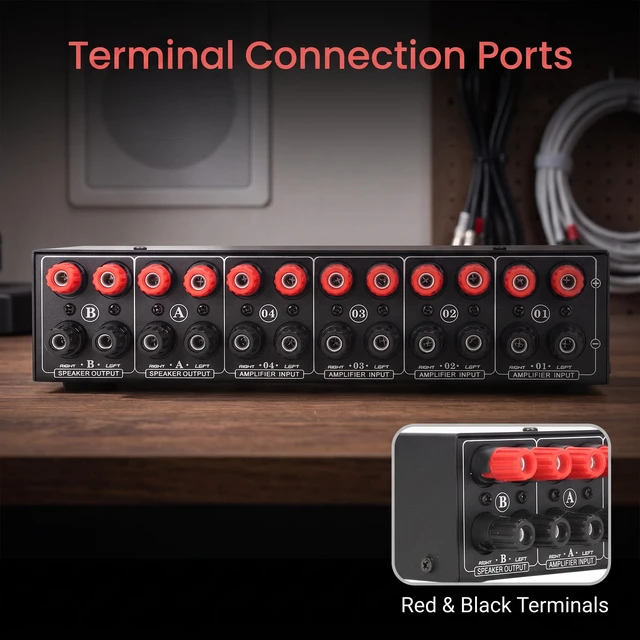 Alt view image 4 of 7 - Speaker Selector Switch 4 Amp 2 Speaker, 300W Passive Box | Aluminum alloy housing, plug and play stereo audio switcher, banana plug terminals, 4-16 ohm compatible