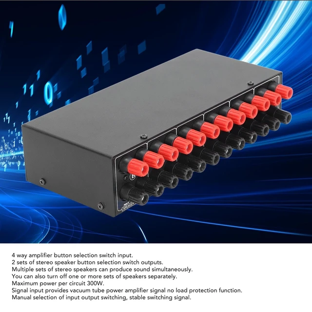 Alt view image 6 of 7 - Speaker Selector Switch 4 Amp 2 Speaker, 300W Passive Box | Aluminum alloy housing, plug and play stereo audio switcher, banana plug terminals, 4-16 ohm compatible
