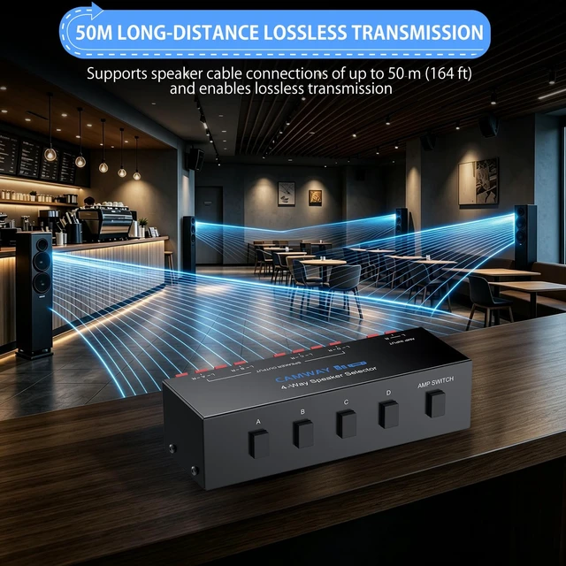 Alt view image 5 of 7 - CAMWAY 4 Zone Speaker Selector Switch,Passive 1 in 4 Out Audio Splitter | Amplifier Speaker Switch Fit 4-16 Speakers for Home Audio,Commercial Systems,Independent A/B/C/D &Master Switch,150W/Channel