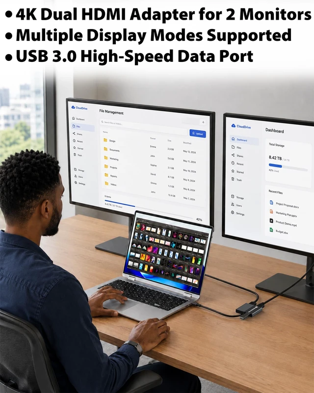 Alt view image 2 of 7 - Cyberguys 4-in-1 USB-C to Dual HDMI Adapter | Type C Hub for 2 Monitors, 4K@60Hz Extended Display, USB 3.0, 100W PD Charging, HDMI Splitter for Laptop, MacBook, Windows
