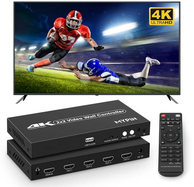 Main image of 2x2 HDMI 4K Video Wall Controller with Media Player Function, 180°Rotate | 4K@30HZ TV Wall Processor, 8 Display Modes 1x1 1x2 1x3 1x4 2x2 2x1 3x1 4x1 with Remote Control for 4x1-1 HDMI Input/Output