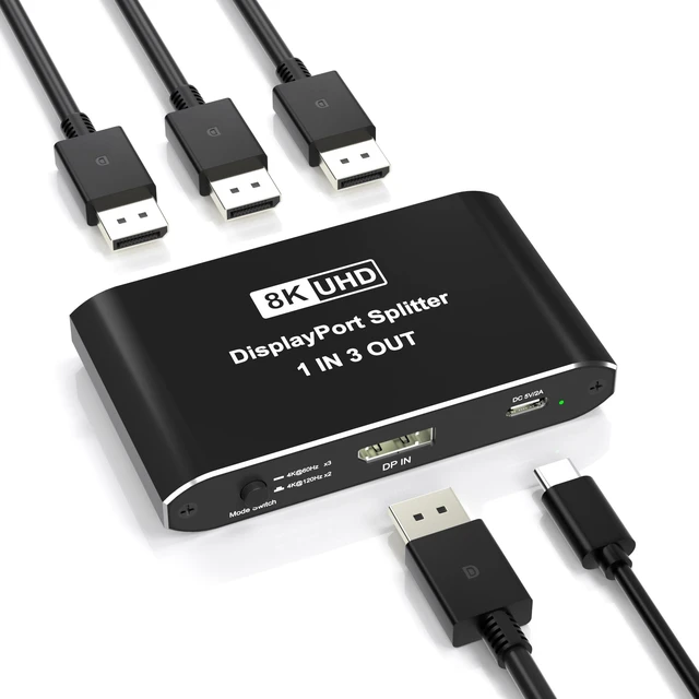Main image of DisplayPort Splitter 1 in 3 Out, Display Port Splitter for Triple Monitors, Supports 8K@60Hz DSC & 4K@120Hz Extended/Mirror Mode, DP 2.1 MST Hub, 3 Monitor Adapter for Laptop, Desktop, Graphics Card