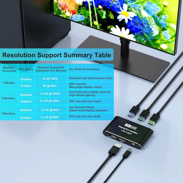 Alt view image 4 of 7 - DisplayPort Splitter 1 in 3 Out, Display Port Splitter for Triple Monitors, Supports 8K@60Hz DSC & 4K@120Hz Extended/Mirror Mode, DP 2.1 MST Hub, 3 Monitor Adapter for Laptop, Desktop, Graphics Card