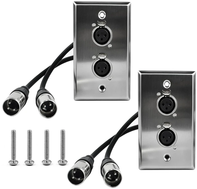 Main image of 2 Pack 3-Pin XLR Wall Plate, Female Plate to Male Connector (2-Port) | 50V, 16A, Stainless steel, Solderless design, suitable for studios, stages, churches and conference rooms