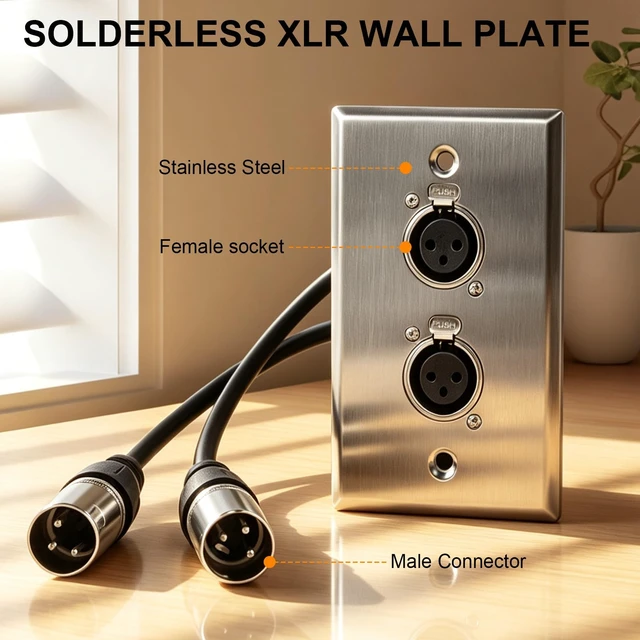 Alt view image 2 of 6 - 2 Pack 3-Pin XLR Wall Plate, Female Plate to Male Connector (2-Port) | 50V, 16A, Stainless steel, Solderless design, suitable for studios, stages, churches and conference rooms