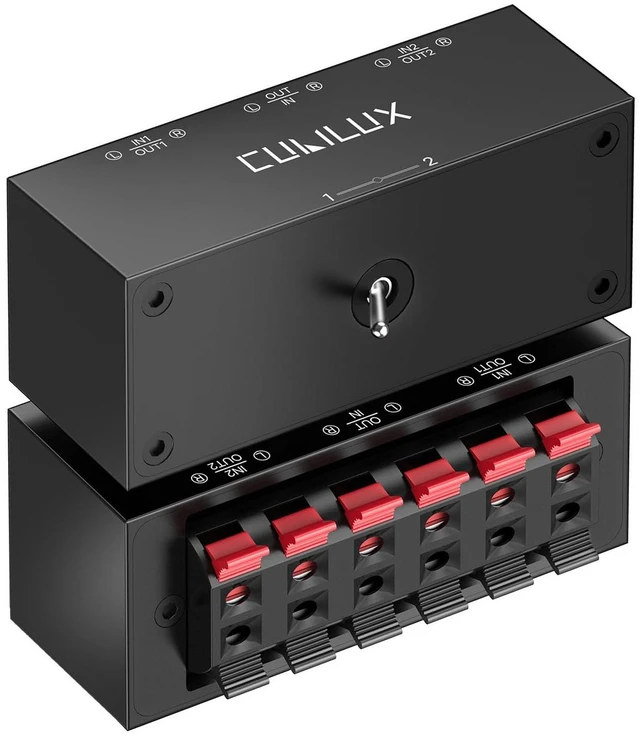 Main image of Cubilux Aluminum 2-Channel Bidirectional Stereo Speaker Selector | 30W(30V/1A) 2-In-1-Out / 1-In-2-Out Switcher, A/B Audio Switch Box with Terminal Clamps for Passive Speaker, Amplifiers