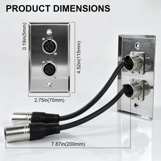 Alt view image 6 of 6 - 2 Pack 3-Pin XLR Wall Plate, Female Plate to Male Connector (2-Port) | 50V, 16A, Stainless steel, Solderless design, suitable for studios, stages, churches and conference rooms