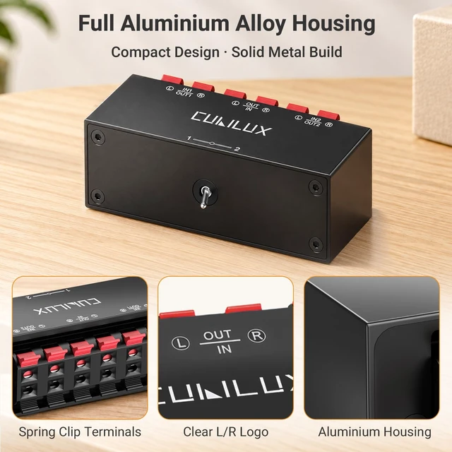 Alt view image 4 of 7 - Cubilux Aluminum 2-Channel Bidirectional Stereo Speaker Selector | 30W(30V/1A) 2-In-1-Out / 1-In-2-Out Switcher, A/B Audio Switch Box with Terminal Clamps for Passive Speaker, Amplifiers