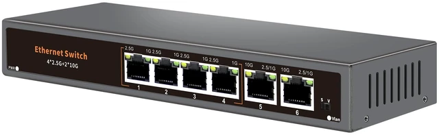 Main image of Davuaz 10G Unmanaged Ethernet Switch with 2 x 10G RJ-45 Uplink Port and 4 x 2.5G Base-T Ports Compatible with 100/1000/2500Mbps, One-Key WLAN, Fanlesss Plug & Play, Metal 2.5Gb Network Switch