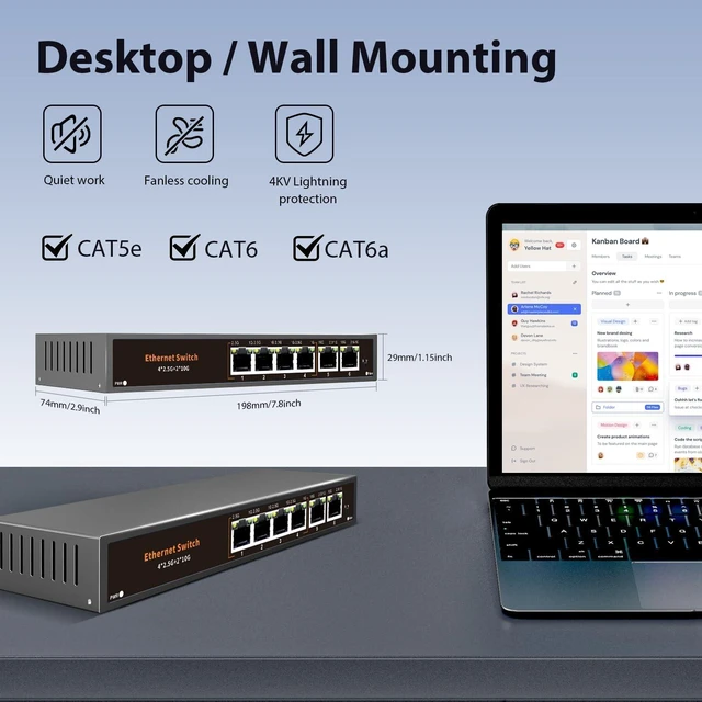 Alt view image 2 of 4 - Davuaz 10G Unmanaged Ethernet Switch with 2 x 10G RJ-45 Uplink Port and 4 x 2.5G Base-T Ports Compatible with 100/1000/2500Mbps, One-Key WLAN, Fanlesss Plug & Play, Metal 2.5Gb Network Switch