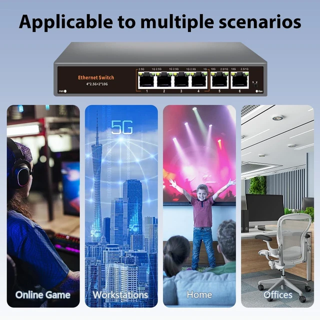 Alt view image 4 of 4 - Davuaz 10G Unmanaged Ethernet Switch with 2 x 10G RJ-45 Uplink Port and 4 x 2.5G Base-T Ports Compatible with 100/1000/2500Mbps, One-Key WLAN, Fanlesss Plug & Play, Metal 2.5Gb Network Switch