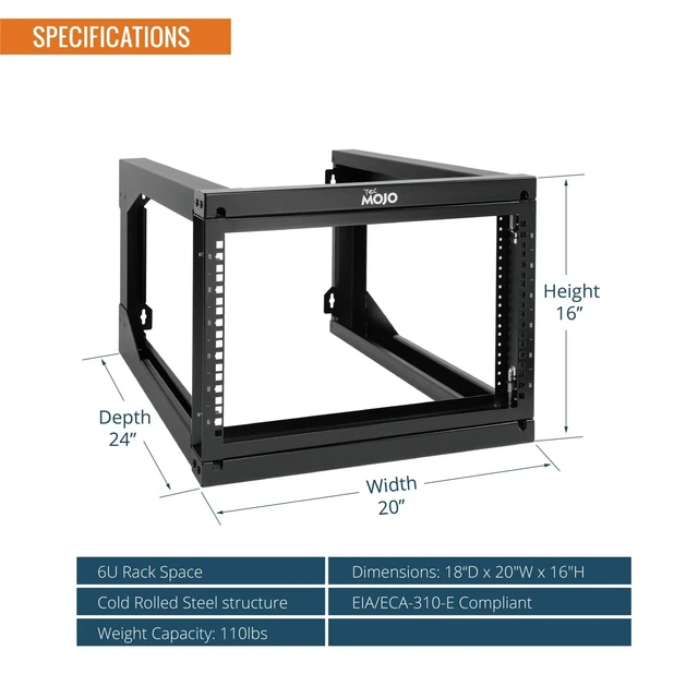 Alt view image 2 of 6 - Tecmojo 6U Wall Mount Server Rack Swing Gate, Wall Mount Rack for 19in Computer/AV/Data/IT/Media Equipment, Open Frame Server Rack with 24in Depth, Square&Tapped Holes