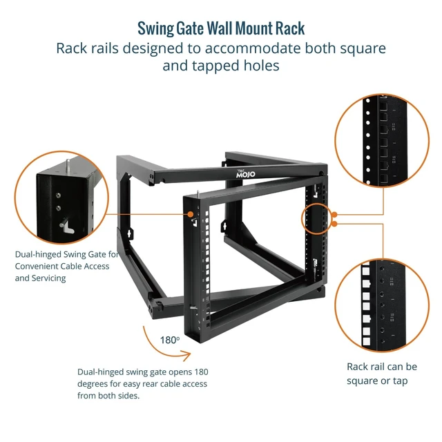 Alt view image 3 of 6 - Tecmojo 6U Wall Mount Server Rack Swing Gate, Wall Mount Rack for 19in Computer/AV/Data/IT/Media Equipment, Open Frame Server Rack with 24in Depth, Square&Tapped Holes
