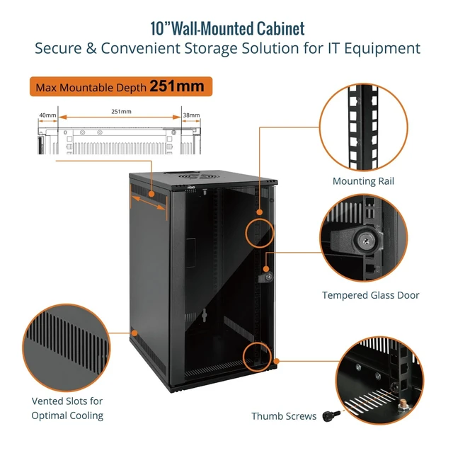 Alt view image 3 of 6 - Tecmojo 12U 10 inch Rack, Wall Mount Network Cabinet Set,12.3W x 13D x 22.3H- Load Capacity 110Lbs(50 kg),Black 10" Wall Housing Server Rack Set