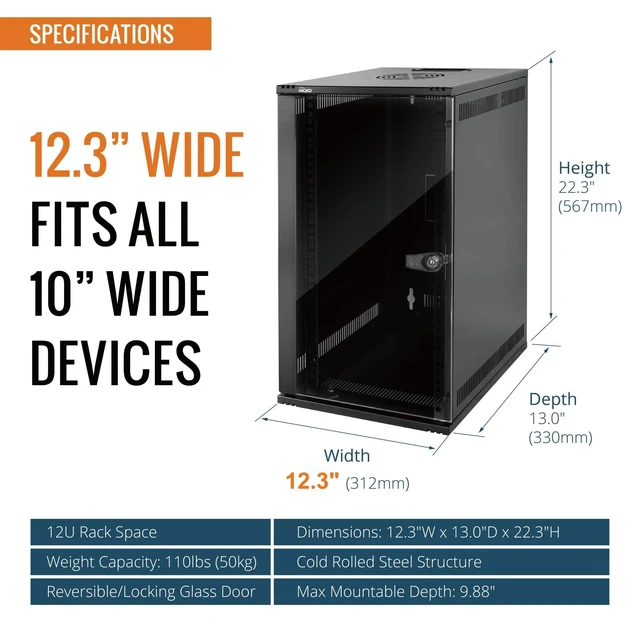 Alt view image 2 of 6 - Tecmojo 12U 10 inch Rack, Wall Mount Network Cabinet Set,12.3W x 13D x 22.3H- Load Capacity 110Lbs(50 kg),Black 10" Wall Housing Server Rack Set
