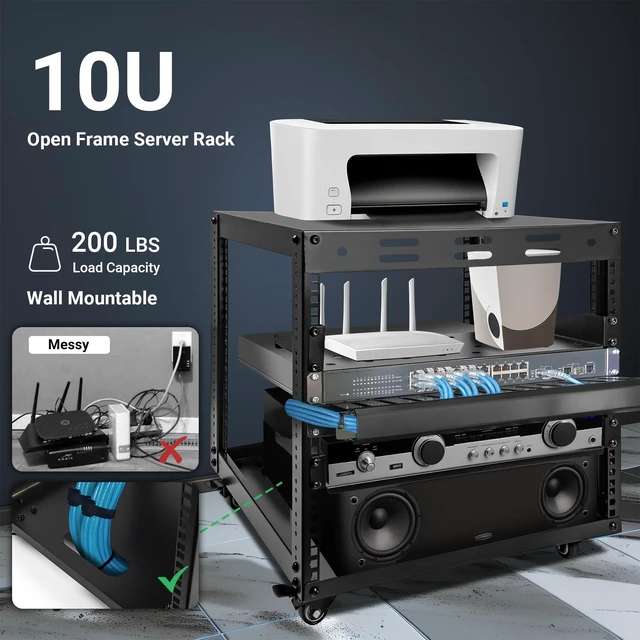 Alt view image 3 of 7 - Eastrexon Upgraded 10U Server Rack with 4 Swivel Casters & 2 Shelves | Wall-Mountable & Freestanding Open Frame Network Rack for Computer/Data/IT/Stereo Equipment, 19.7L x 18.8W x 23.4H