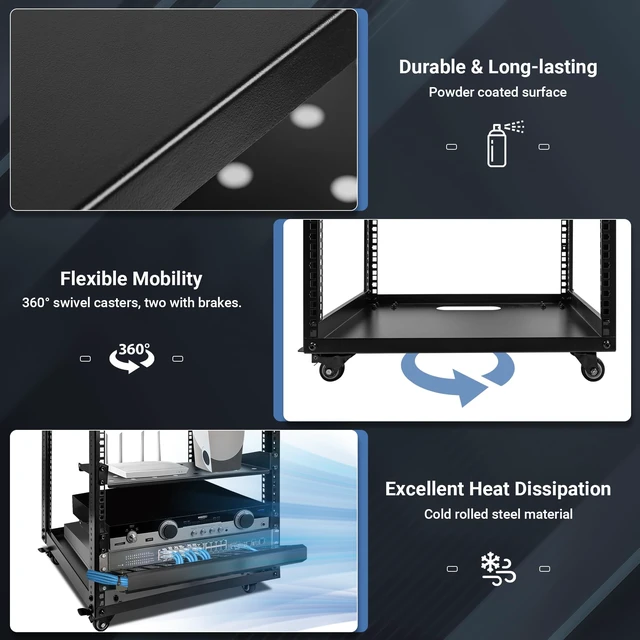 Alt view image 5 of 7 - Eastrexon Upgraded 10U Server Rack with 4 Swivel Casters & 2 Shelves | Wall-Mountable & Freestanding Open Frame Network Rack for Computer/Data/IT/Stereo Equipment, 19.7L x 18.8W x 23.4H