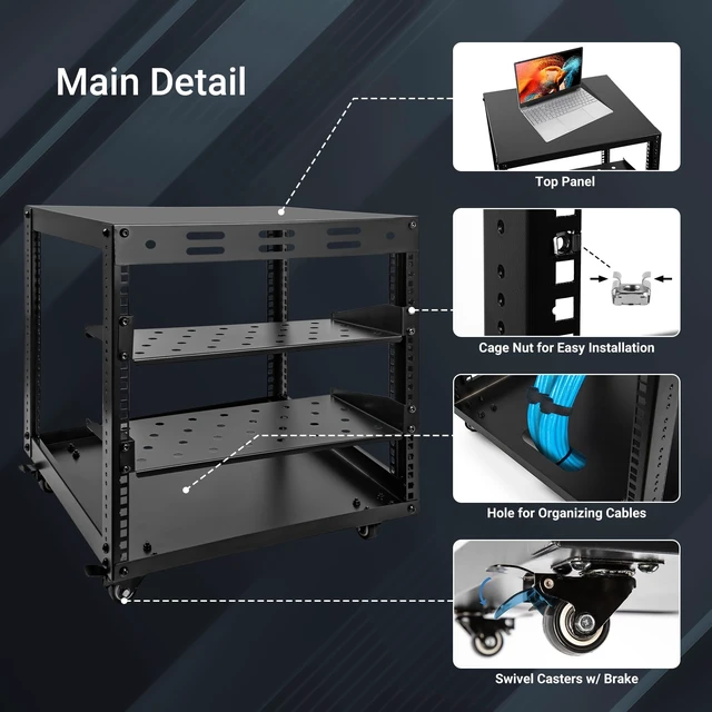 Alt view image 6 of 7 - Eastrexon Upgraded 10U Server Rack with 4 Swivel Casters & 2 Shelves | Wall-Mountable & Freestanding Open Frame Network Rack for Computer/Data/IT/Stereo Equipment, 19.7L x 18.8W x 23.4H