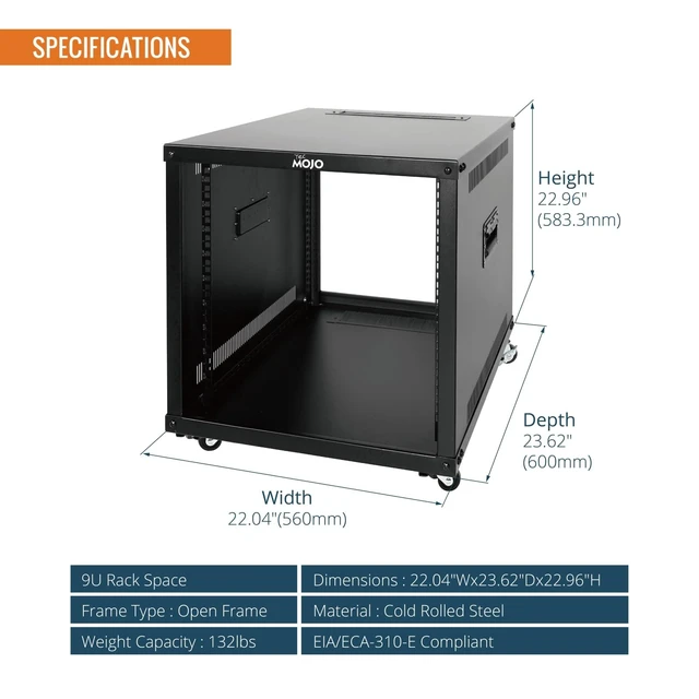 Alt view image 2 of 6 - Tecmojo 9U Portable Rolling Network Rack, 4-Post Mobile Open Frame Server Rack with Wheels, Free Standing Server Cabinet for Computer/Data/AV/IT Equipment/Network Equipment