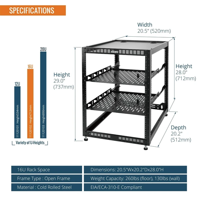 Alt view image 2 of 6 - Tecmojo 16U Open Frame Network Rack for IT & AV Gear, AV Rack Floor Standing or Wall Mounted,with 2 PCS 1U Rack Shelves & Mounting Hardware,Network Rack for 19" Networking,Audio and Video Device