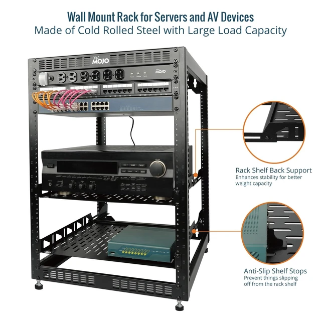 Alt view image 3 of 6 - Tecmojo 16U Open Frame Network Rack for IT & AV Gear, AV Rack Floor Standing or Wall Mounted,with 2 PCS 1U Rack Shelves & Mounting Hardware,Network Rack for 19" Networking,Audio and Video Device