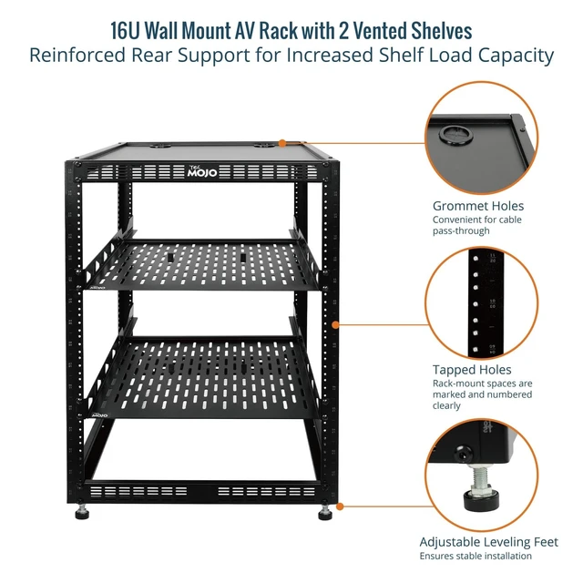 Alt view image 4 of 6 - Tecmojo 16U Open Frame Network Rack for IT & AV Gear, AV Rack Floor Standing or Wall Mounted,with 2 PCS 1U Rack Shelves & Mounting Hardware,Network Rack for 19" Networking,Audio and Video Device