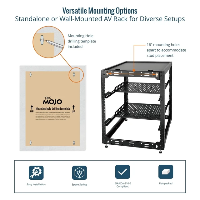 Alt view image 5 of 6 - Tecmojo 16U Open Frame Network Rack for IT & AV Gear, AV Rack Floor Standing or Wall Mounted,with 2 PCS 1U Rack Shelves & Mounting Hardware,Network Rack for 19" Networking,Audio and Video Device
