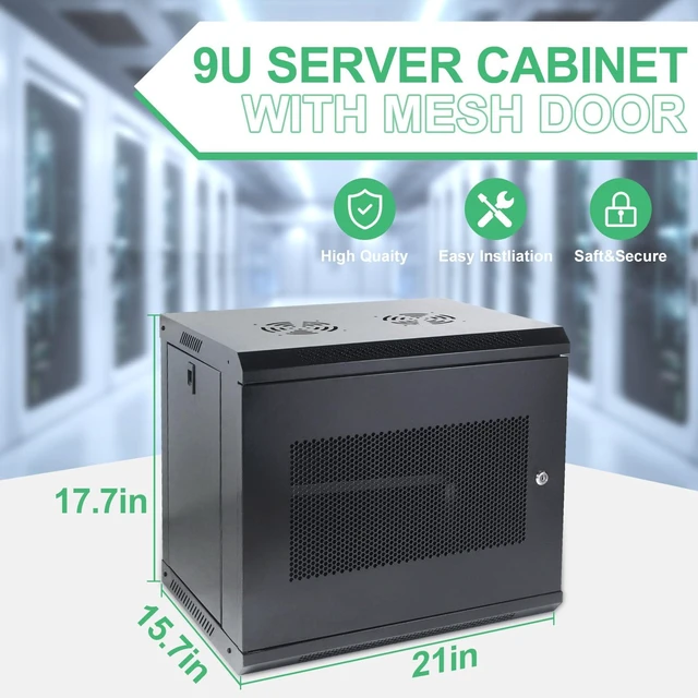 Alt view image 2 of 7 - 9U Wall Mount Server Cabinet IT Network Rack Enclosure Locking Door Black