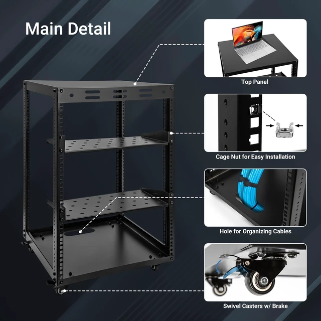 Alt view image 6 of 7 - Eastrexon 15U Open Frame Server Rack, Wall-mountable IT Rack w/Swivel Casters, 2 Rack Shelves, Top & Bottom Panels, Network Rack for Stereo/Computer/Data/IT/AV Equipment, 19.7L x 18.8W x 32.3H