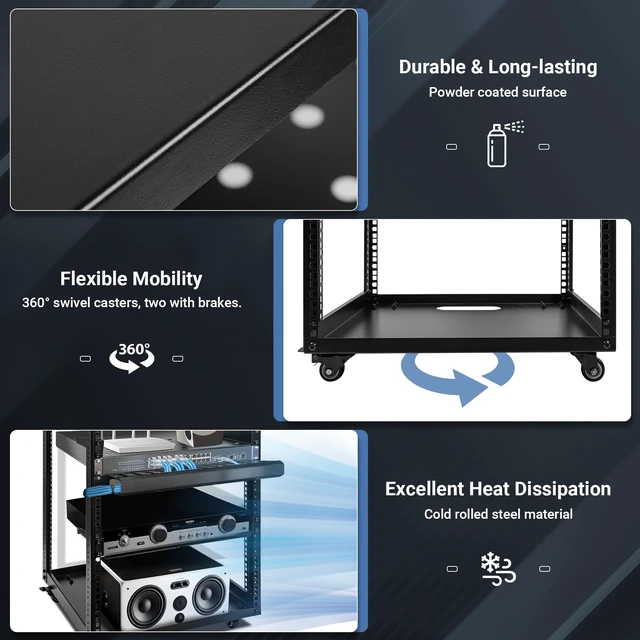 Alt view image 5 of 7 - Eastrexon 15U Open Frame Server Rack, Wall-mountable IT Rack w/Swivel Casters, 2 Rack Shelves, Top & Bottom Panels, Network Rack for Stereo/Computer/Data/IT/AV Equipment, 19.7L x 18.8W x 32.3H