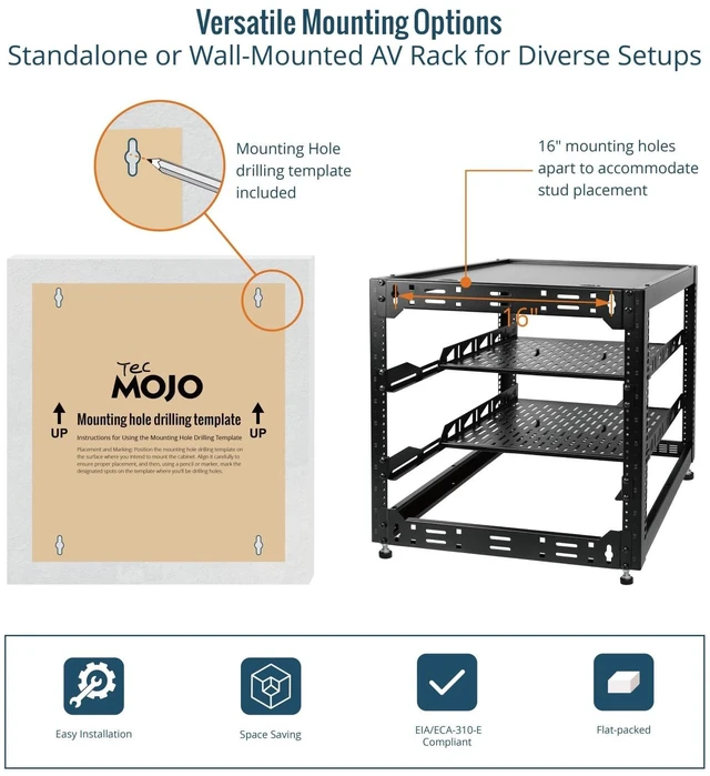 Alt view image 5 of 6 - Tecmojo 12U Open Frame Network Rack for IT & AV Gear, AV Rack Floor Standing or Wall Mounted,with 2 PCS 1U Rack Shelves & Mounting Hardware,Network Rack for 19" Networking,Audio and Video Device