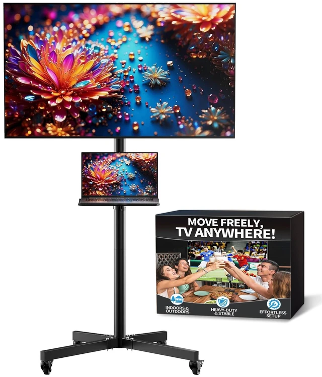 Main image of Rolling TV Stand for 14-55 Inch TV, Portable Mobile TV Cart on Wheels for Bedroom, Office, Patio and Covered Outdoor Use, Max VESA 400x400mm, Holds 66 lbs. Roll Your TV for Sports Nights, Movie Nights