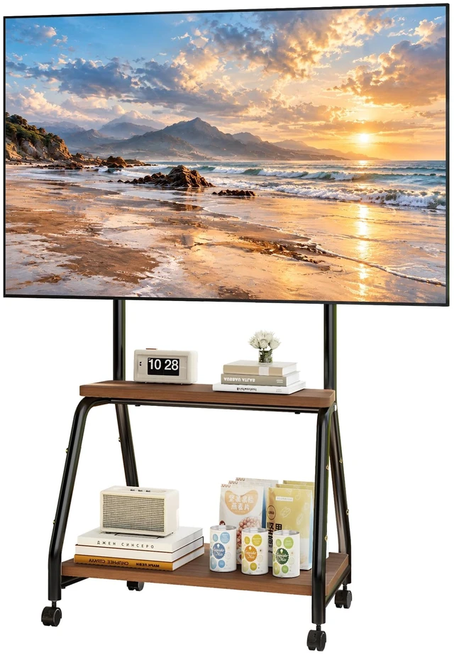 Main image of Hovadova Mobile TV Stand with Wheels, Rolling Easel TV Cart for 32"-65" TVs | Easel TV Stand with 2-Tier Wooden Shelves, Locking Wheels, Floor TV Stand Hold Up To 165 Lbs, VESA 100x100-500x400mm
