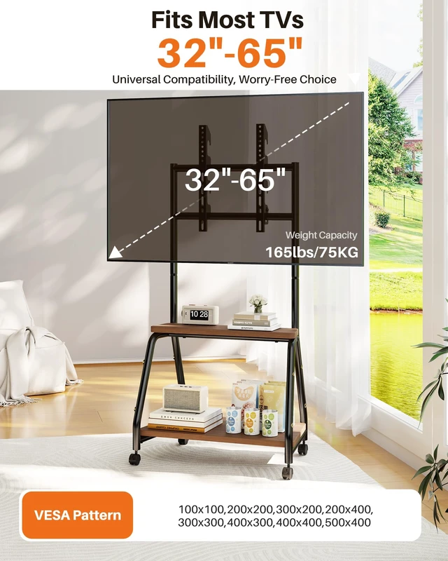 Alt view image 3 of 7 - Hovadova Mobile TV Stand with Wheels, Rolling Easel TV Cart for 32"-65" TVs | Easel TV Stand with 2-Tier Wooden Shelves, Locking Wheels, Floor TV Stand Hold Up To 165 Lbs, VESA 100x100-500x400mm