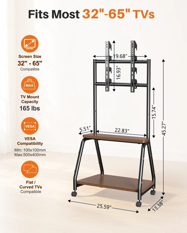 Alt view image 2 of 7 - Hovadova Mobile TV Stand with Wheels, Rolling Easel TV Cart for 32"-65" TVs | Easel TV Stand with 2-Tier Wooden Shelves, Locking Wheels, Floor TV Stand Hold Up To 165 Lbs, VESA 100x100-500x400mm