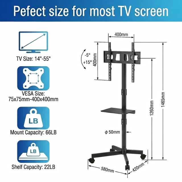 Alt view image 4 of 7 - Rolling TV Stand for 14-55 Inch TV, Portable Mobile TV Cart on Wheels for Bedroom, Office, Patio and Covered Outdoor Use, Max VESA 400x400mm, Holds 66 lbs. Roll Your TV for Sports Nights, Movie Nights