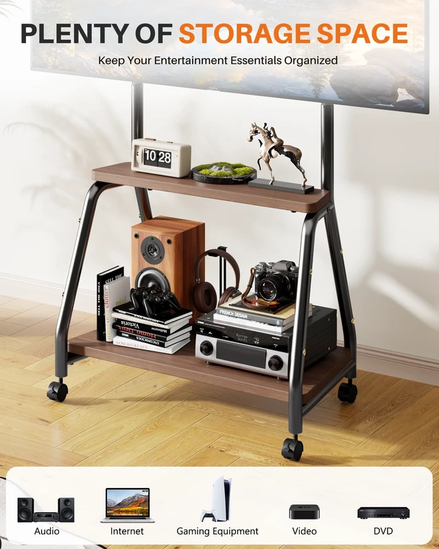 Alt view image 4 of 7 - Hovadova Mobile TV Stand with Wheels, Rolling Easel TV Cart for 32"-65" TVs | Easel TV Stand with 2-Tier Wooden Shelves, Locking Wheels, Floor TV Stand Hold Up To 165 Lbs, VESA 100x100-500x400mm