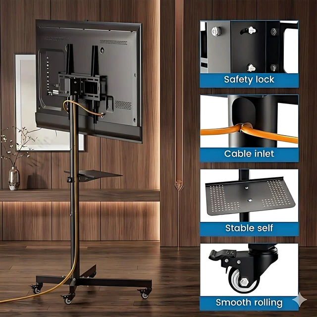 Alt view image 6 of 7 - Rolling TV Stand for 14-55 Inch TV, Portable Mobile TV Cart on Wheels for Bedroom, Office, Patio and Covered Outdoor Use, Max VESA 400x400mm, Holds 66 lbs. Roll Your TV for Sports Nights, Movie Nights