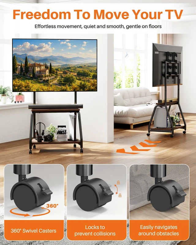 Alt view image 5 of 7 - Hovadova Mobile TV Stand with Wheels, Rolling Easel TV Cart for 32"-65" TVs | Easel TV Stand with 2-Tier Wooden Shelves, Locking Wheels, Floor TV Stand Hold Up To 165 Lbs, VESA 100x100-500x400mm