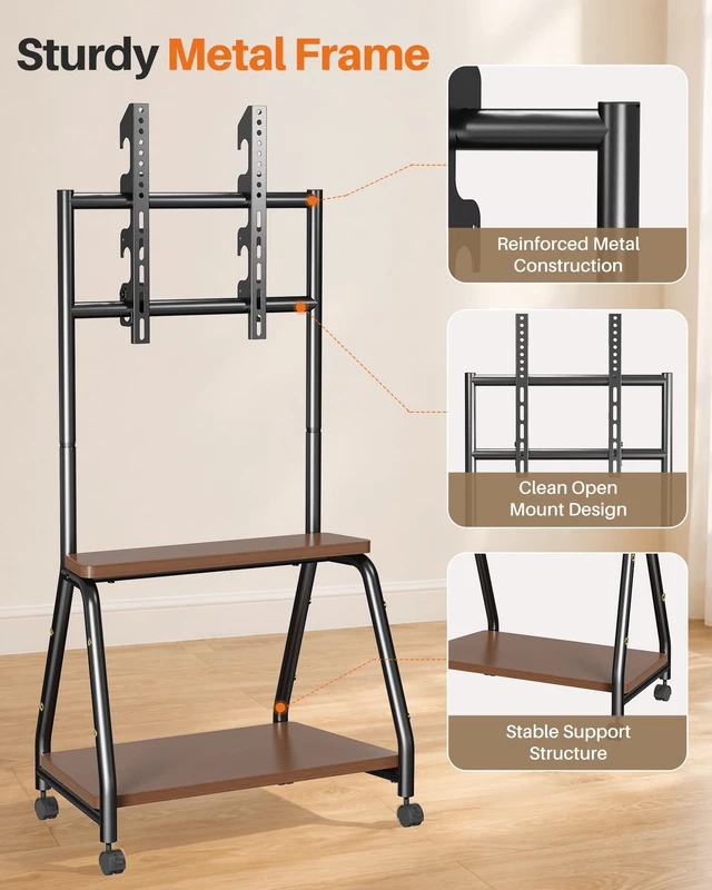 Alt view image 7 of 7 - Hovadova Mobile TV Stand with Wheels, Rolling Easel TV Cart for 32"-65" TVs | Easel TV Stand with 2-Tier Wooden Shelves, Locking Wheels, Floor TV Stand Hold Up To 165 Lbs, VESA 100x100-500x400mm