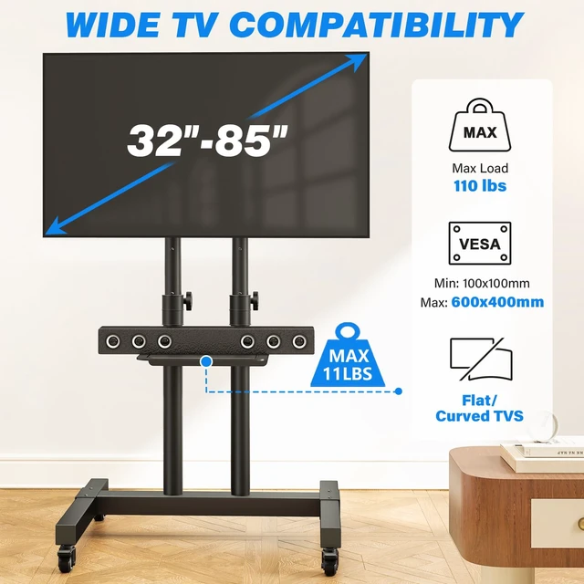 Alt view image 5 of 7 - Rfiver Rolling TV Stand for 32-83 Inch TVs with 15-Level Height Adjustment | Mobile TV Cart up to 110 lbs, Portable Outdoor TV Stand with Locking Wheels, with Shelf, Max VESA 600x400