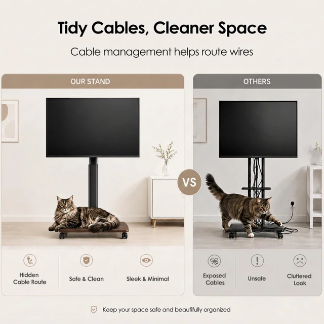 Alt view image 3 of 6 - FITUEYES Rolling TV Stand for 32-75 Inch TVs with Height Adjustable, Walnut | Portable Tall TV Stand on Wheels, Mobile TV Cart with Swivel Mount, Corner TV Stands for Bedroom, Living Room, Small Dorm