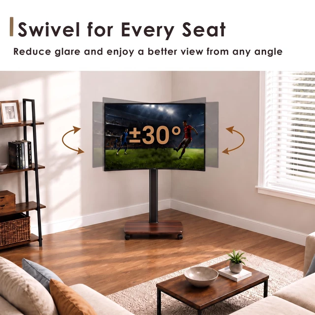 Alt view image 5 of 6 - FITUEYES Rolling TV Stand for 32-75 Inch TVs with Height Adjustable, Walnut | Portable Tall TV Stand on Wheels, Mobile TV Cart with Swivel Mount, Corner TV Stands for Bedroom, Living Room, Small Dorm