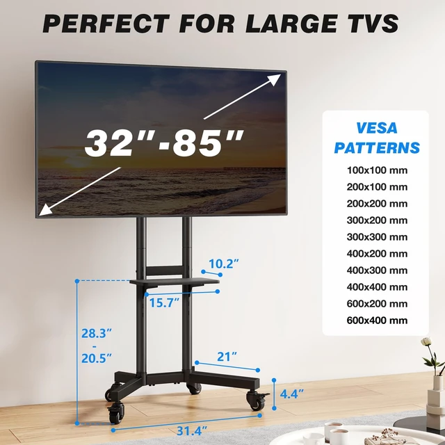 Alt view image 6 of 7 - Portable Rolling TV Stand with Shelf for 32-85 in TVs up to 150 lbs | Height Adjustable Mobile TV Cart with Silent Wheels, Universal Corner TV Stand for Bedroom, Living Room, Office