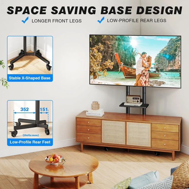 Alt view image 7 of 7 - Portable Rolling TV Stand with Shelf for 32-85 in TVs up to 150 lbs | Height Adjustable Mobile TV Cart with Silent Wheels, Universal Corner TV Stand for Bedroom, Living Room, Office