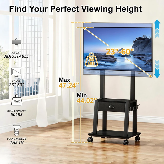 Alt view image 2 of 7 - Mobile TV Stand with Drawer for 23-60 Inch TVs,Tilt Rolling TV Cart on Wheels with 2 Shelves Adjustable Height Portable TV Stand for Bedroom/Living Room Holds up to 50 lbs Max VESA 400x400mm