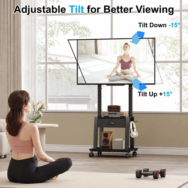 Alt view image 3 of 7 - Mobile TV Stand with Drawer for 23-60 Inch TVs,Tilt Rolling TV Cart on Wheels with 2 Shelves Adjustable Height Portable TV Stand for Bedroom/Living Room Holds up to 50 lbs Max VESA 400x400mm